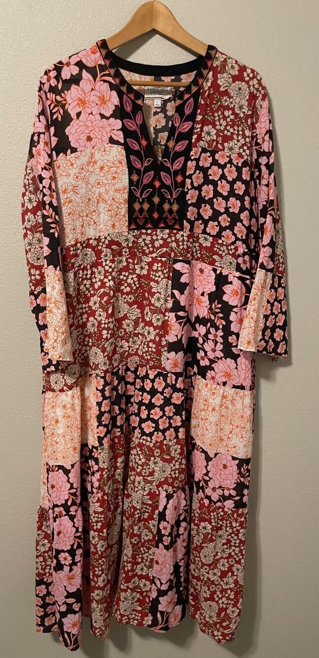 Johnny Was Flora Tie Back Dress Womens Large Multicolor Floral Embroidered Boho